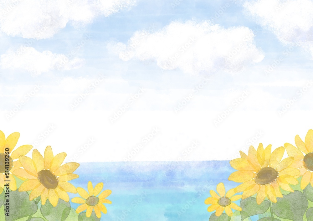 海と青空のひまわりの背景イラスト Stock Illustration Adobe Stock