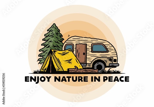 Teardrop camper and tent in front of pine tree illustration