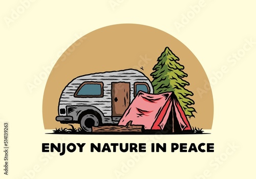 Teardrop camper and tent in front of pine tree illustration