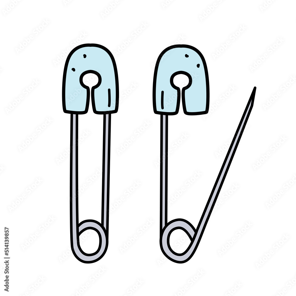Safety pin, clothing accessory or item for needlework and sewing, vector doodle illustration.