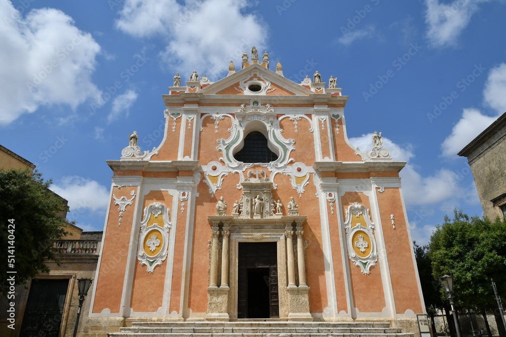 The facade of a church in the historic center of Tricase, a medieval town in the Puglia region, Italy.