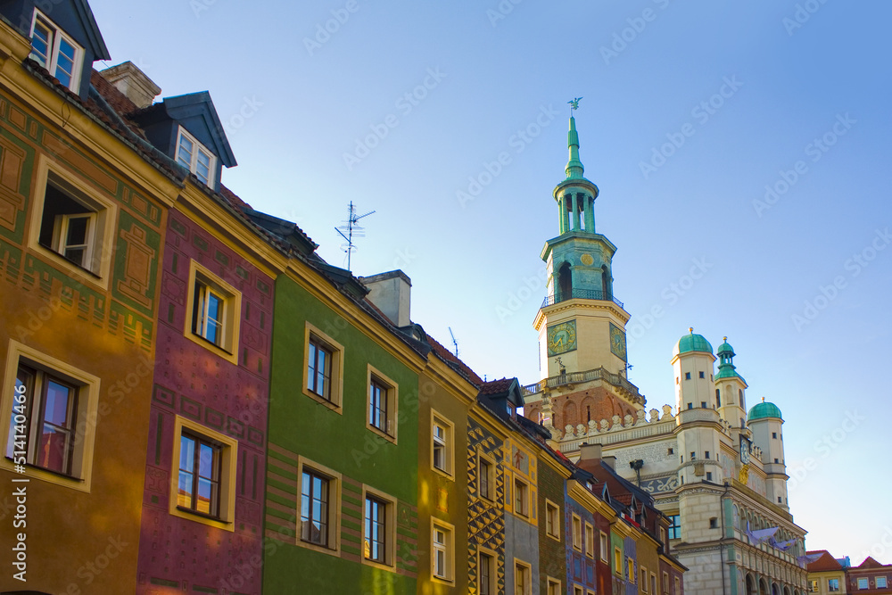 Facades of old colorful houses on the Main Square in Poznan, Poland	
