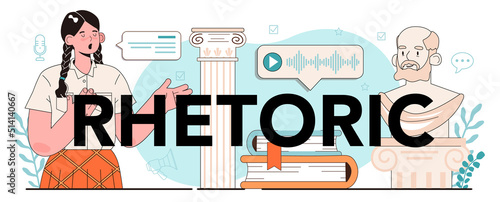 Rhetoric typographic header. Students training public speaking