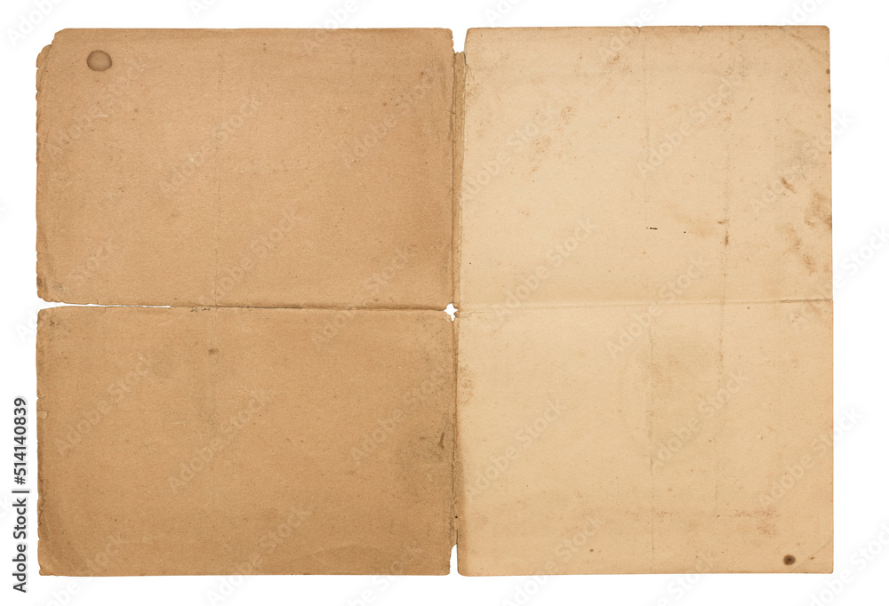 Texture of old shabby yellowed folded paper isolated on white background, crumpled vintage paper with smudges isolated on white background