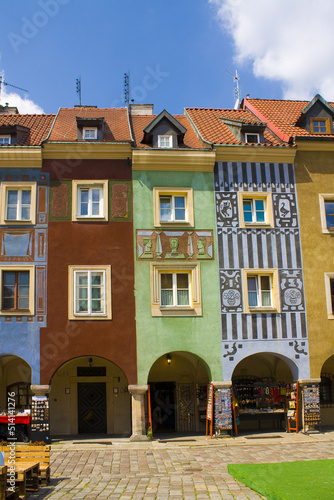 Facades of old colorful houses on the Main Square in Poznan, Poland 