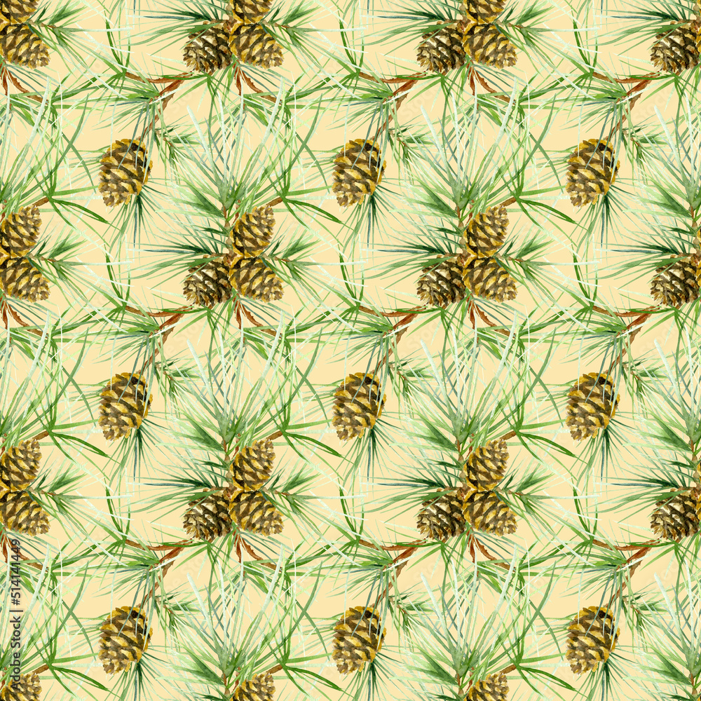 Fototapeta premium Seamless pattern of pine tree branches with cones and needles. Watercolor illustration isolated on a beige background