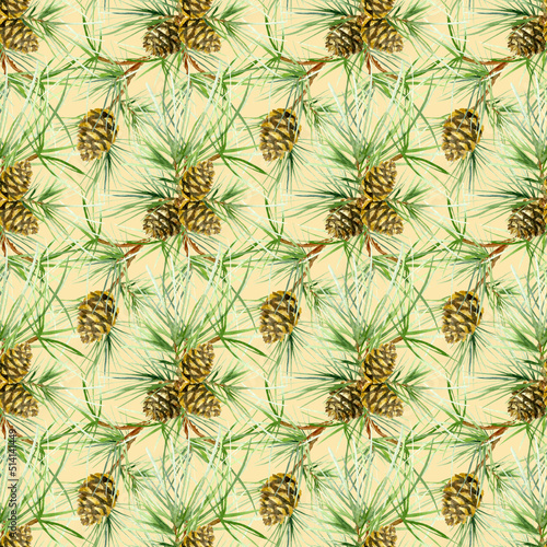 Seamless pattern of pine tree branches with cones and needles. Watercolor illustration isolated on a beige background