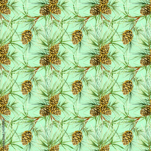 Seamless pattern of pine tree branches with cones and needles. Watercolor illustration isolated on a green background
