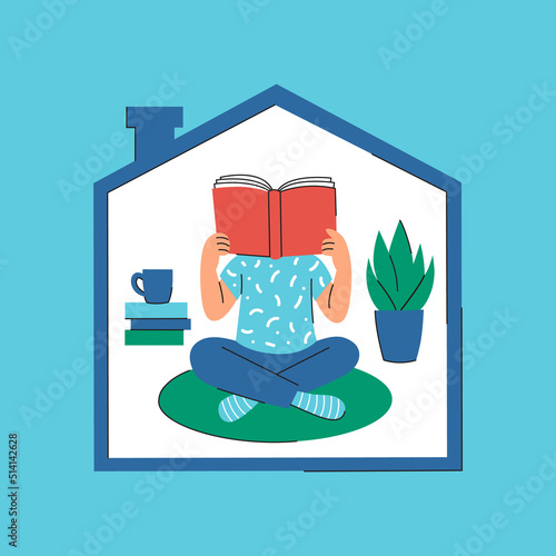 Cartoon person sitting in meditation pose and reading a book inside a tiny house. Hand-drawn flat vector illustration for web banner, social media, advert or print. Book lover, introvert concept.