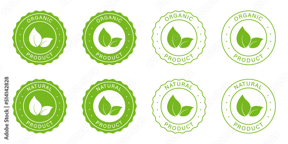 Organic Natural Product Icon Set. Healthy Eco Green Label. Bio Food Logo. 100 Percent Ecology Product Vegan Food Stamp. Natural Product Symbol. Ecology Sign. Isolated Vector Illustration Organic Natural Product Icon Set. Healthy Eco Green Label. Bio Food Logo. 100 Percent Ecology Product Vegan Food Stamp. Natural Product Symbol. Ecology Sign. Isolated Vector Illustration