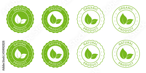Organic Natural Product Icon Set. Healthy Eco Green Label. Bio Food Logo. 100 Percent Ecology Product Vegan Food Stamp. Natural Product Symbol. Ecology Sign. Isolated Vector Illustration