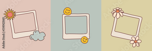 Set of Groovy doodle photo frame with sun, cloud, daisy flower, smile face in retro style. Isolated vector frame template for funny photos, card and scrapbook.