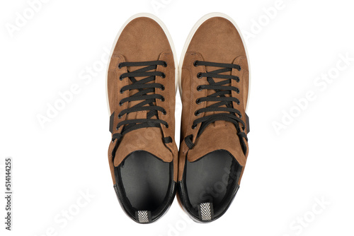 Stylish suede leather shoe isolated on white background. Brown suede leather fashionable shoes isolated with clipping path
