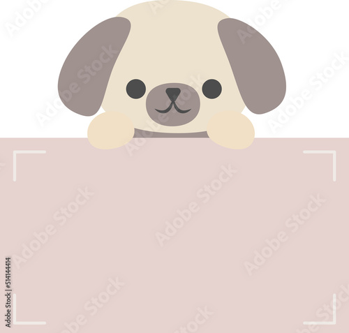 Cartoon cute dog holding memo. Frame for photo, text, note, sticker, label. Little animal to do list card. Isolated on white background, vector, illustration, EPS10