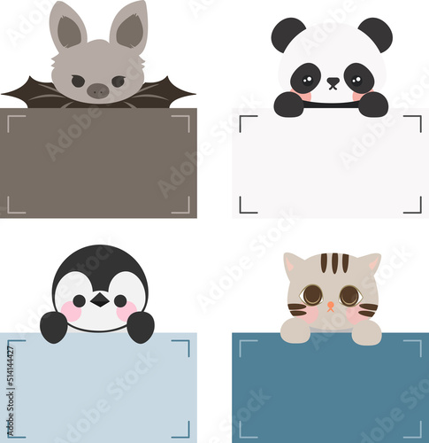 Cartoon cute animals holding memo. Frame for photo, text, note, sticker, label. Little bat, panda, penguin, cat icon to do list card. Isolated on white background, vector, illustration, EPS10