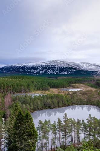 Beautiful view of Scotland Cairngorm mountains, forest and lakes reflecting trees.