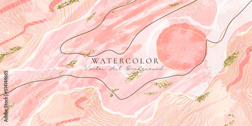 Rose pink liquid watercolor background with golden foil. Dusty blush marble alcohol ink drawing effect. Vector illustration design template for wedding invitation, menu, rsvp