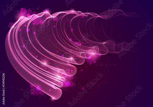 Dynamic magic wave transparent tulle textile on wind over dark, particles flow, effect in motion. Vector abstract background. 3d shape dots blended mesh, relaxing calming wallpaper.