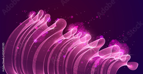 3d magic particles mesh array over dark, transparent tulle textile on wind flowing. Round points vector effect illustration. Blended mesh, 3d calming tranquil wallpaper.