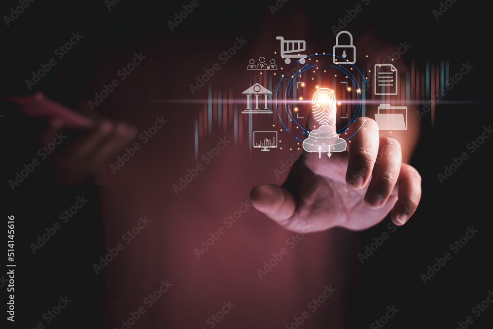 Obraz premium ฺBiometrics security, innovation technology against digital cyber crime. Businessman using fingerprint smartphone protecting business and financial data with virtual graphic data information