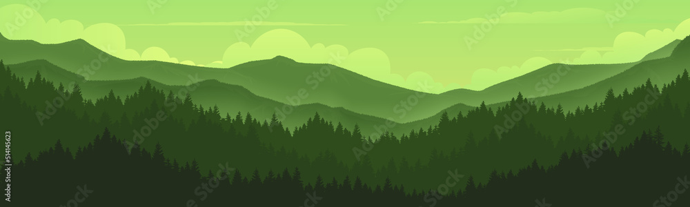 Landscape with shadows of mountains and pine forests.