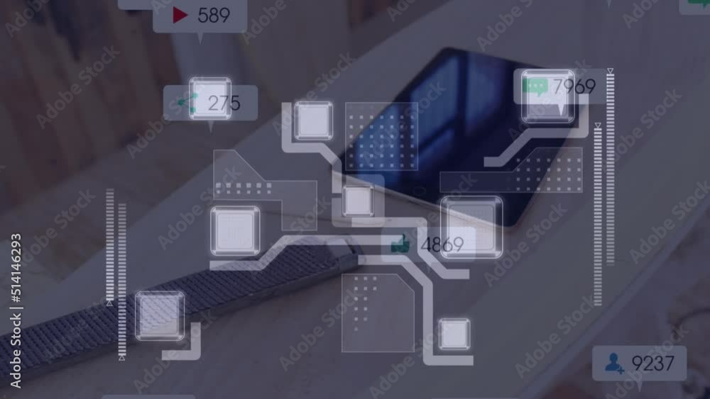 Animation of social media icons with growing number and computer circuit board over tablet on desk Animation of social media icons with growing number and computer circuit board over tablet on desk