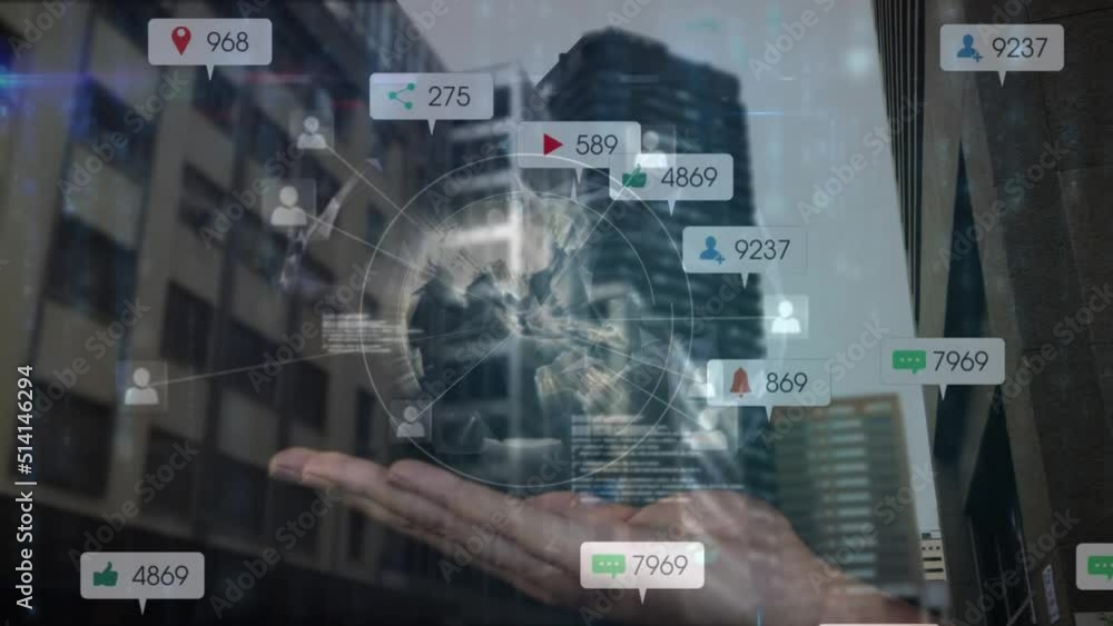 Animation of network of connections and social media icons over connections and cityscape