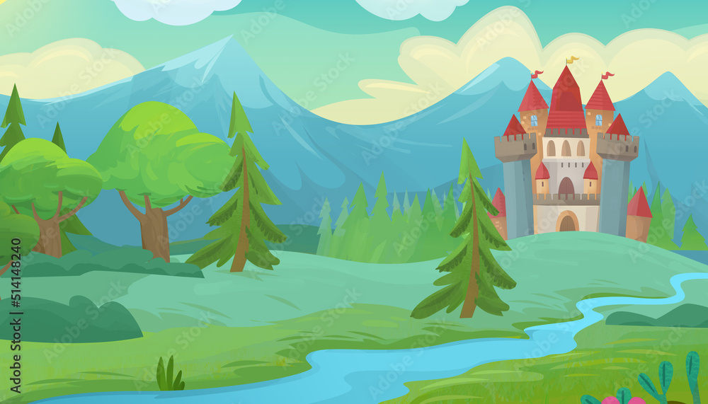 Fototapeta premium Cartoon scene beautiful castle near forest illustration