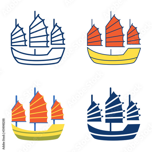 Asian junk boat icon set in flat and line style