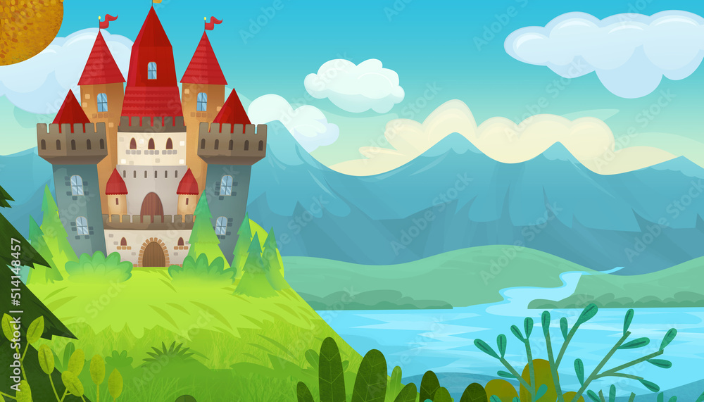 Cartoon scene beautiful castle near forest illustration