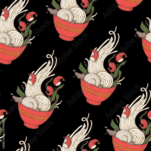 Bowl noodles seamless pattern. Ramen bowl background. Asian food. Chinese, Korean, Japanese cuisine. Design template. Hand drawn vector illustration.