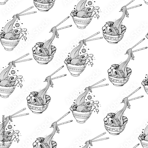 Bowl noodles and chopsticks sketch. Korean Ramen. Seamless pattern. Asian food. Chinese, Korean, Japanese cuisine. Package design. Hand drawn vector illustration
