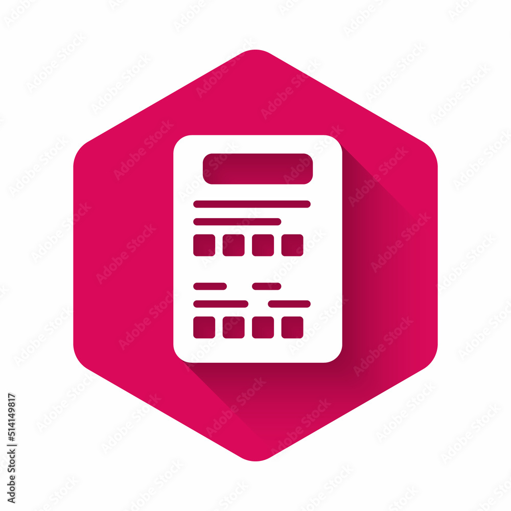 White Exam sheet icon isolated with long shadow background. Test paper, exam, or survey concept. School test or exam. Pink hexagon button. Vector White Exam sheet icon isolated with long shadow background. Test paper, exam, or survey concept. School test or exam. Pink hexagon button. Vector