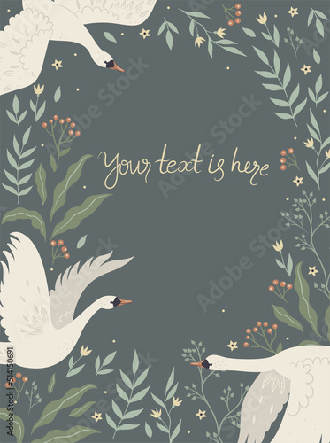 Frame with swans in flight and flowers. Vector graphics.
