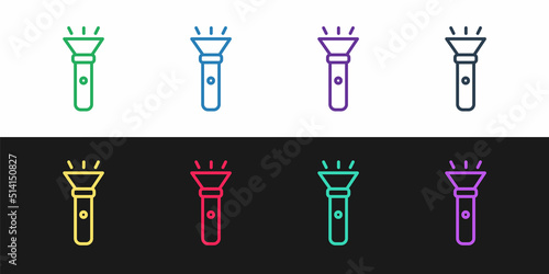 Set line Flashlight icon isolated on black and white background. Vector