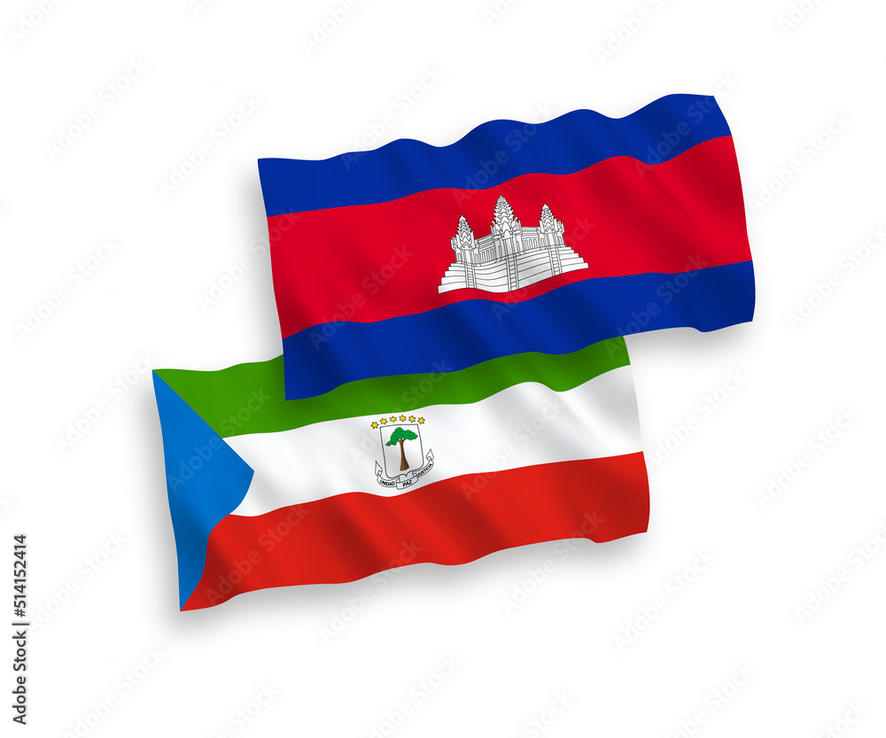 National vector fabric wave flags of Kingdom of Cambodia and Republic of Equatorial Guinea isolated on white background. 1 to 2 proportion. National vector fabric wave flags of Kingdom of Cambodia and Republic of Equatorial Guinea isolated on white background. 1 to 2 proportion.