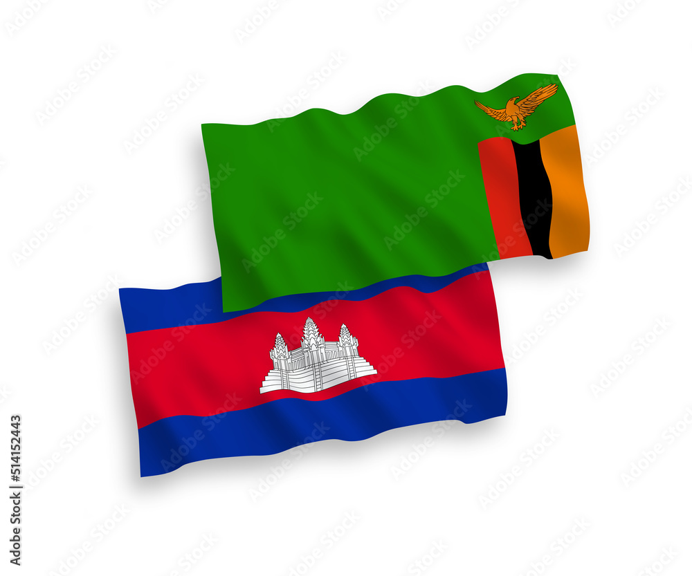 National vector fabric wave flags of Kingdom of Cambodia and Republic of Zambia isolated on white background. 1 to 2 proportion.