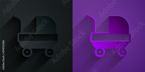 Paper cut Baby stroller icon isolated on black on purple background. Baby carriage, buggy, pram, stroller, wheel. Paper art style. Vector