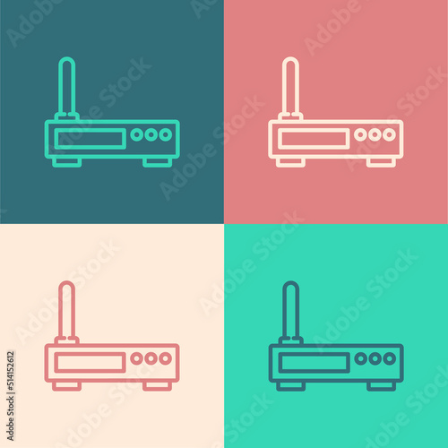 Pop art line Router and wi-fi signal icon isolated on color background. Wireless ethernet modem router. Computer technology internet. Vector