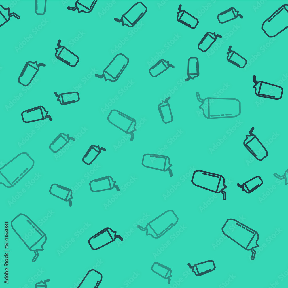 Black line Milkshake icon isolated seamless pattern on green background. Plastic cup with lid and straw. Vector