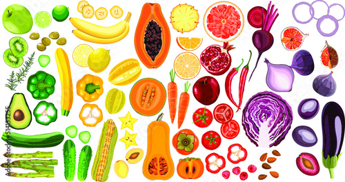 Big set of realistic quality vector illustration of fruits and vegetables