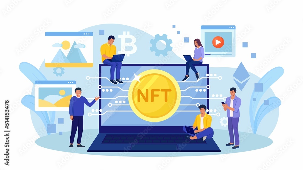NFT Marketplace with Crypto Art Items on Sale and Blockchain Technology. People Use Non Fungible Token Cryptocurrency to Buy Exclusive Arts, Masterpieces and Antiquities in Cyber Space