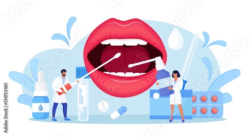 Otolaryngology. ENT treating diseases throat and neck. Otolaryngologist examines patient. Doctor prescribes medications for girl with sore throat. Inflamed tonsils, bacterial and viral infection