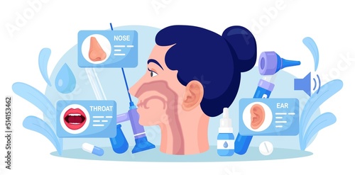 Otolaryngology consultation and deaf study concept. Woman undergoing ear, nose or throat treatment at ENT clinic. Otoscopy procedure, pharmacology