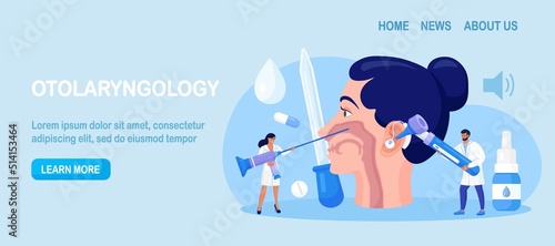 Otolaryngology concept. ENT doctor treating diseases of ear, nose, throat and neck. Otolaryngologist with medical instrument examines patient. Otoscopy procedure. Nasopharynx, sinuses, ear specula photo
