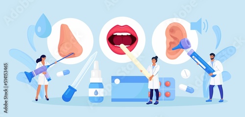 Otolaryngology concept. ENT doctor treating diseases of ear, nose, throat and neck. Otolaryngologist with medical instrument examines patient. Otoscopy procedure. Nasopharynx, sinuses, ear specula
