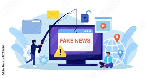 Fake news. Mass media political propaganda. Unknown person spreading false information, misinformation in internet. Fraud and cheat content in social network