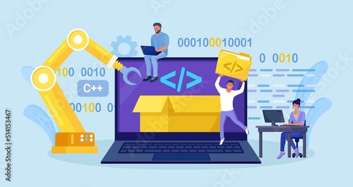 Developers creating software script at computer with open robotic soft. Open automation architecture, open source, free development. Programmers programming website for internet platform
