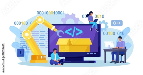 Developers creating software script at computer with open robotic soft. Open automation architecture, open source, free development. Programmers programming website for internet platform