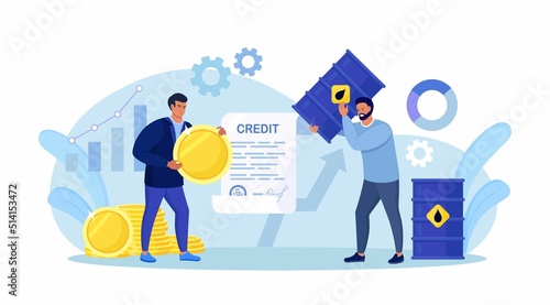 Businessman buying crude oil gallon. Business people hold dollar coin, steel barrel. Crude oil investment. Investor buy oil stock of fuel power company to make profit. Global stock market speculation